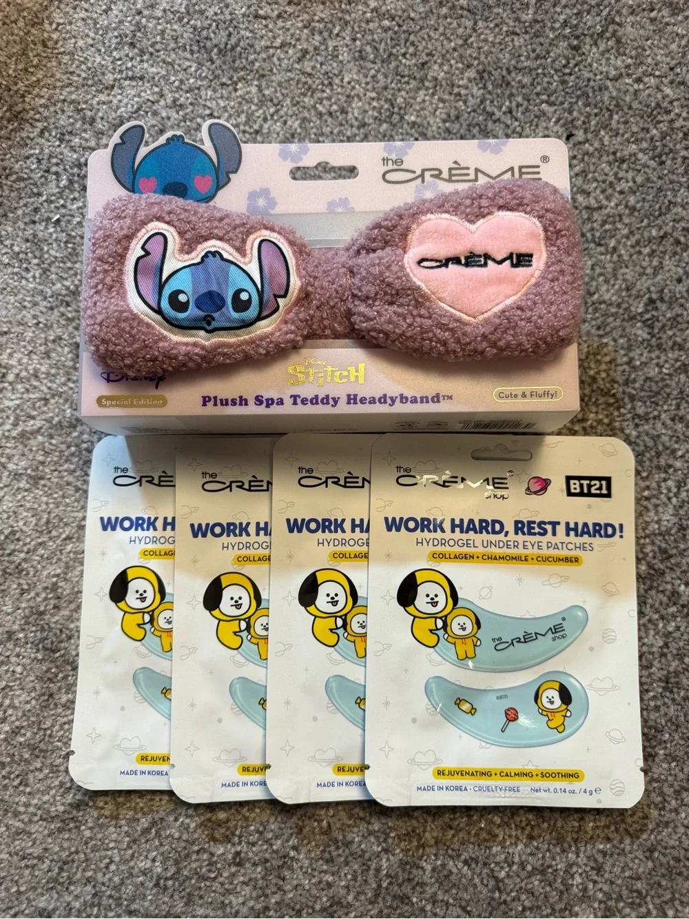 The Creme Shop Plush Spa Stitch Headband + 4 Work Hard, Rest Hard! Under Eye